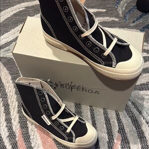 Superga Black and Cream High-Top Canvas Sneakers